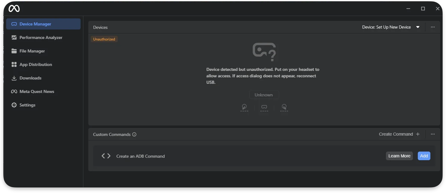 Meta Quest Developer Hub 화면